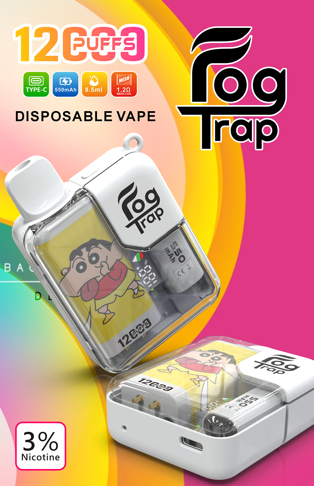 【買10送1優惠中】Fog Trap 限量聯名 蠟筆小新 × LABUBU 12000口拋棄式 雙檔功率切換 油電數位顯示屏 全台現貨:圖片 5