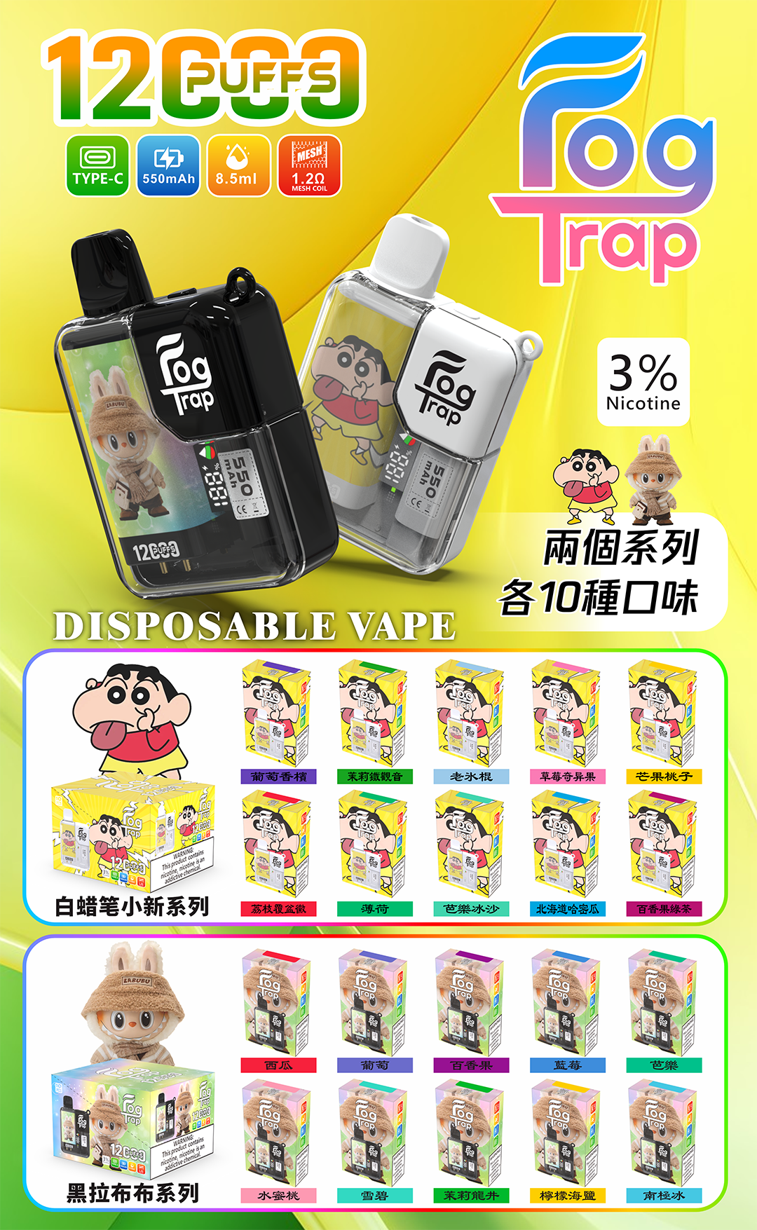 【買10送1優惠中】Fog Trap 限量聯名 蠟筆小新 × LABUBU 12000口拋棄式 雙檔功率切換 油電數位顯示屏 全台現貨:圖片 3